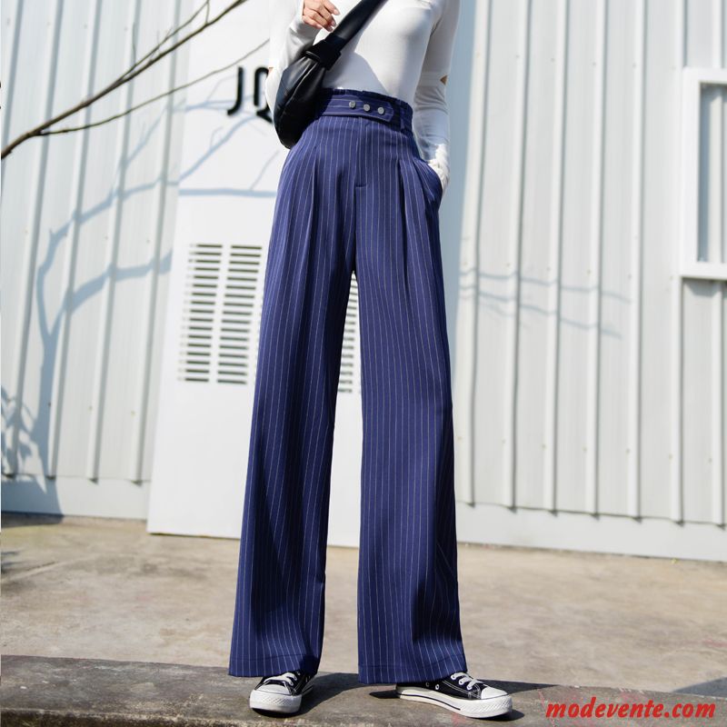 Pantalon Femme Mince Printemps Jambe Droite Longue Haute Cintrée Décontractée Bleu Marin