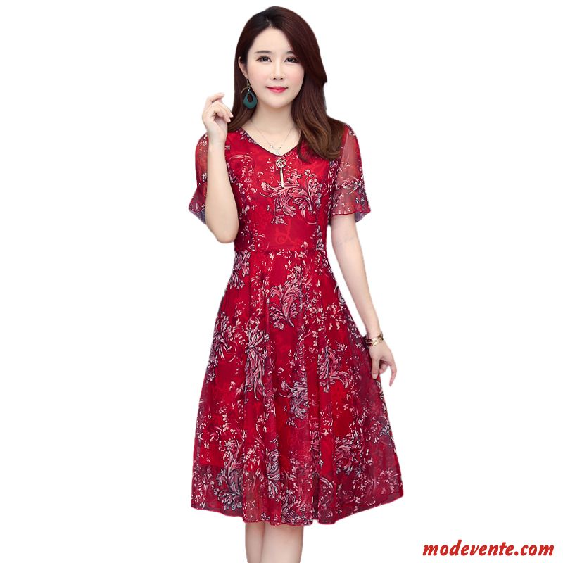 Robes Femme Grande Taille Mousseline De Soie Été Graisse Floral Nervurées Bordeaux