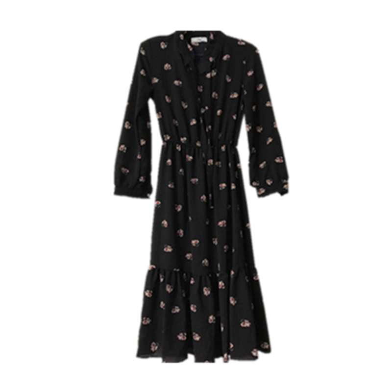 Robes Femme L'automne Tendance Mousseline De Soie Floral Longues Mode Noir