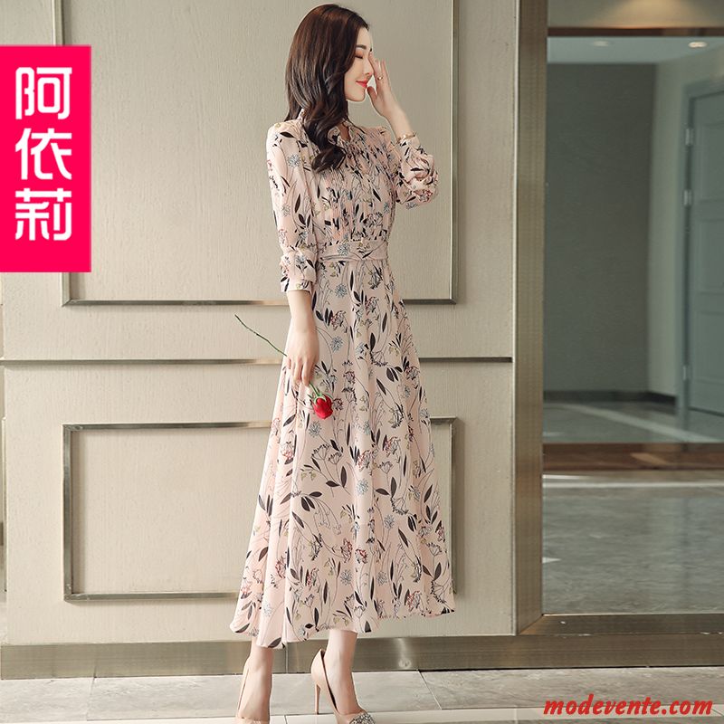 Robes Femme Longues Floral Tempérament Mince Printemps Mode Rose