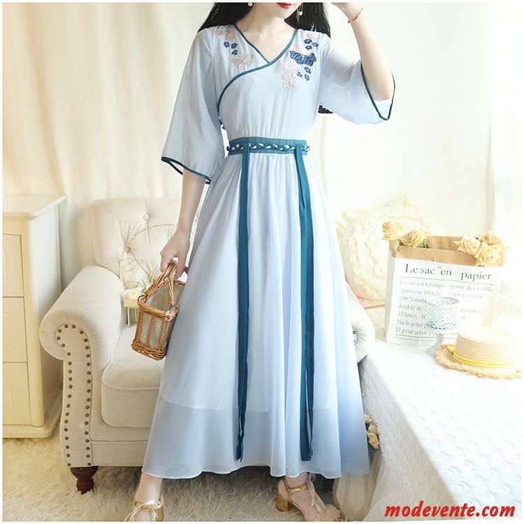 Robes Femme Manche Mousseline De Soie Rétro Évasé Été Bleu