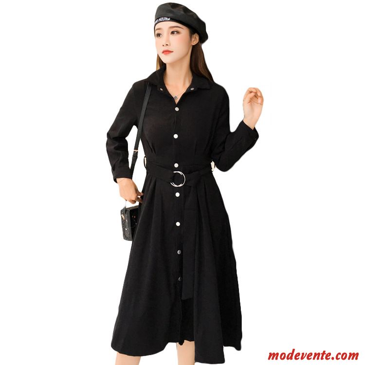 Robes Femme Mince L'automne Rétro Ceinture Nervurées Hiver Noir