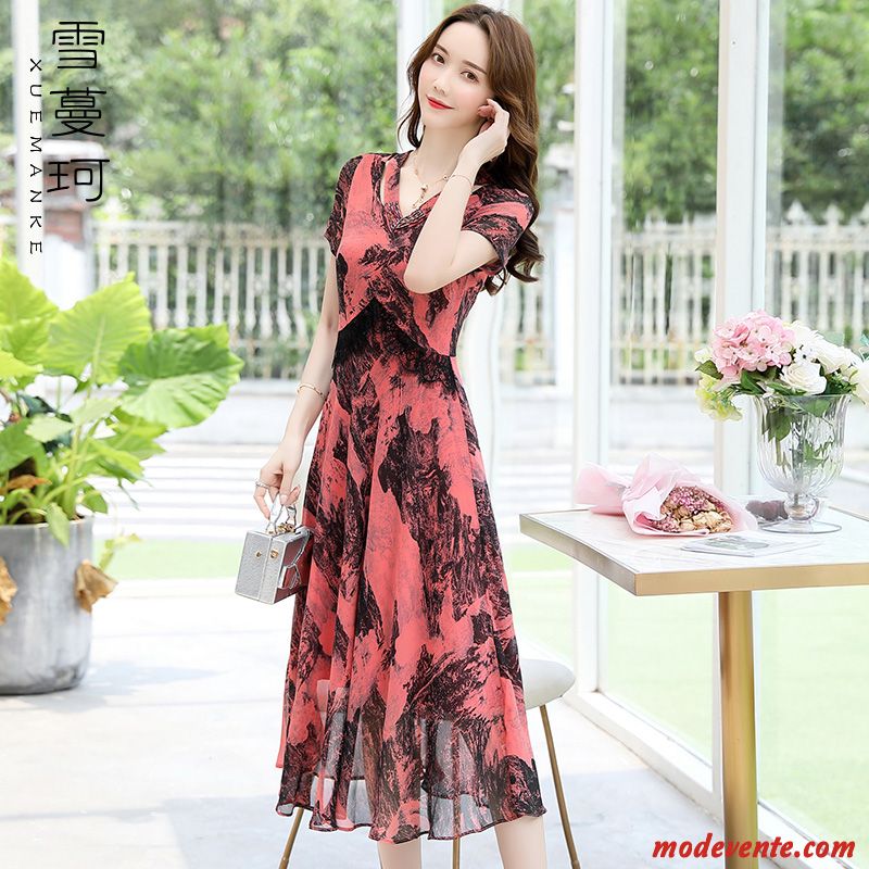 Robes Femme Mousseline De Soie Nervurées Floral Rétro Tempérament Été Rouge