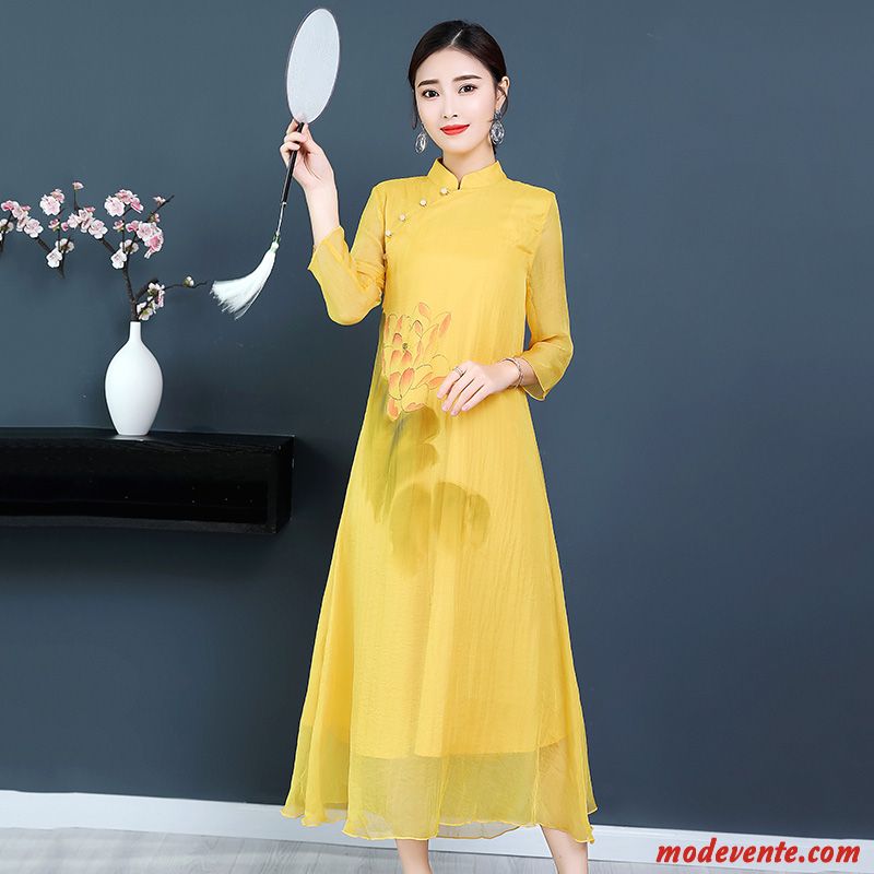 Robes Femme Mousseline De Soie Été Cheongsam Style Chinois Col Mandarin Impression Jaune