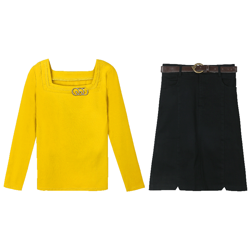 Robes Femme Tempérament Mince L'automne Longues Deux-pièces Printemps Noir Jaune