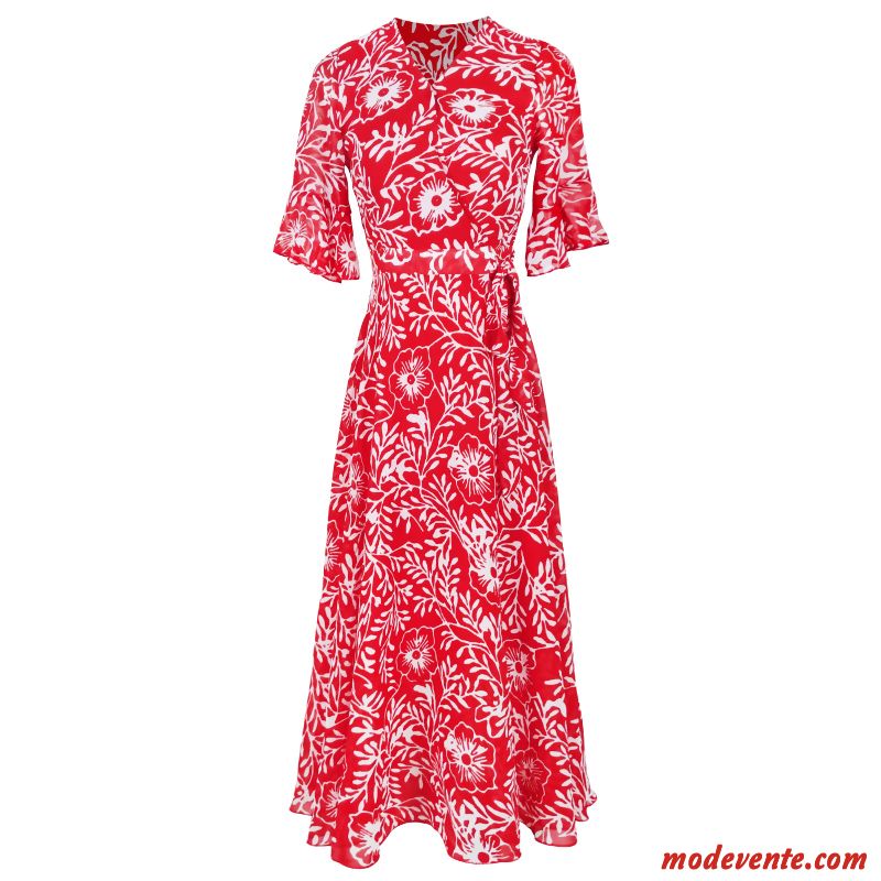 Robes Femme Vacances Grande Taille Plage Été Mousseline De Soie Impression Rouge