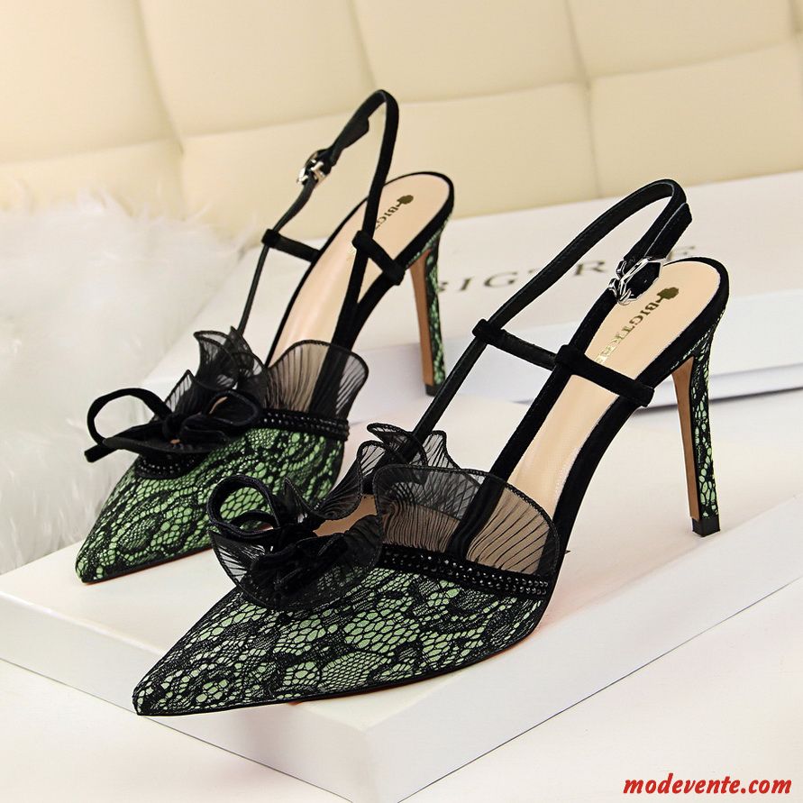 Sandales Femme Europe Minces Cuir Véritable Dentelle Été Escarpins Noir Vert