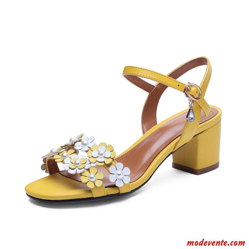 Sandales Femme Grande Taille Été Épais Cuir Véritable Talon Moyen Fleurs Jaune