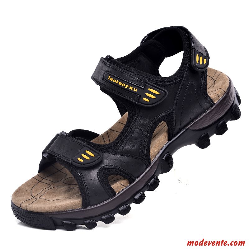 Sandales Homme Antidérapant Été Cuir Véritable Semelle Doux Noir