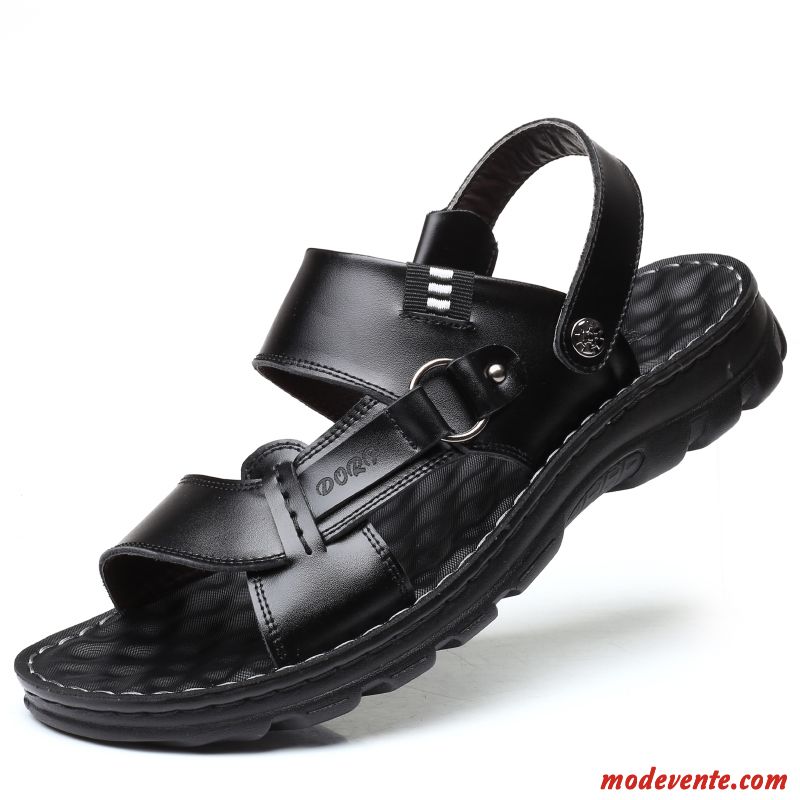 Sandales Homme Cuir Véritable Semelle Doux Semelle Épaisse Été Antidérapant Plage Noir