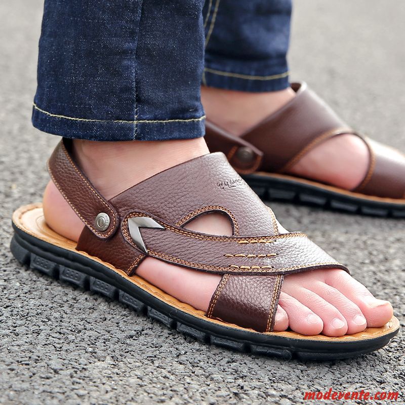 Sandales Homme Plage Ouverture Du Pied Respirant Tongs Chaussons Été Décontractée Marron