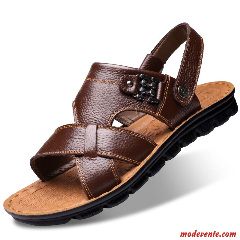 Sandales Homme Plage Semelle Doux Été Tongs Chaussons Grande Taille En Cuir Brun