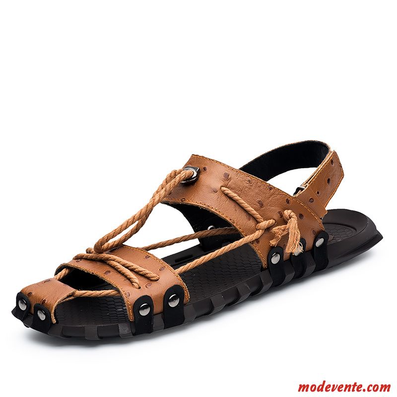 Sandales Homme Tendance Cuir Véritable Plage Antidérapant Été Rome Marron