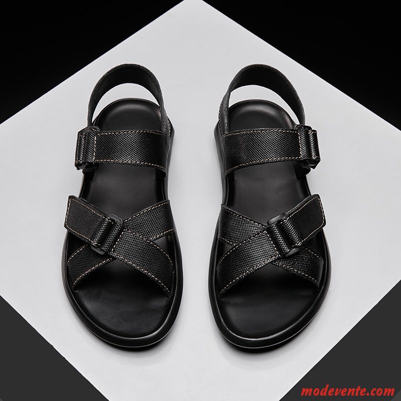 Sandales Homme Été Cuir Véritable Tendance Semelle Doux Ouverture Du Pied Décontractée Noir