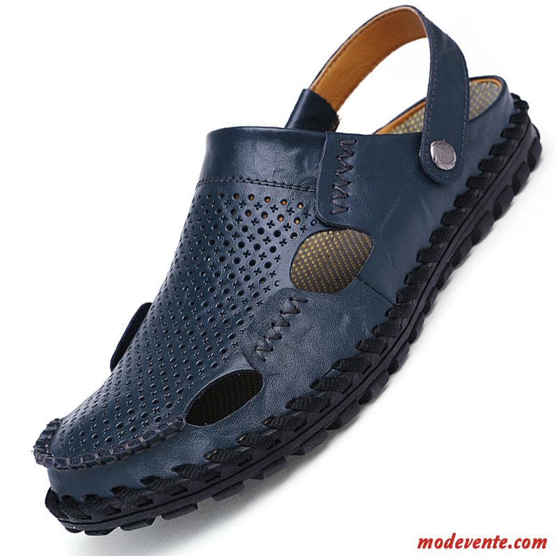 Sandales Homme Été Plage Cuir Véritable Antidérapant Tongs Chaussons Respirant Bleu Marin