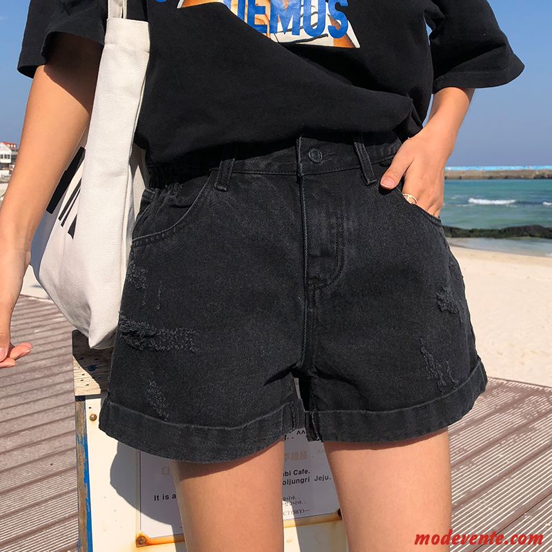 Shorts Femme Baggy Mince Troués Ourlet Haute Cintrée Denim Noir