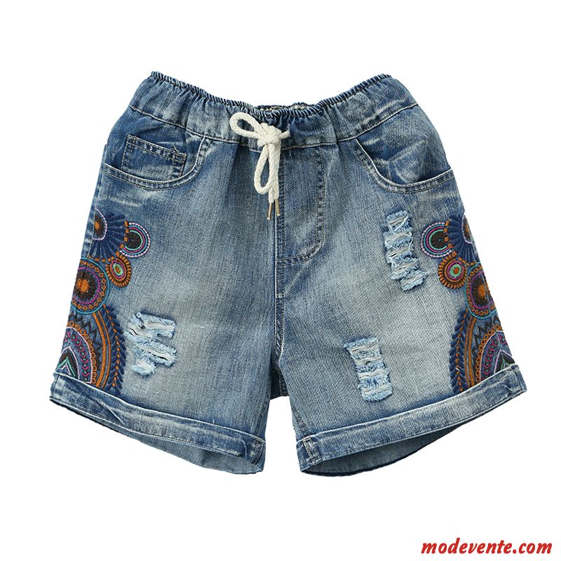 Shorts Femme Baggy Élastique Broderie Mince Vintage Brodé Bleu