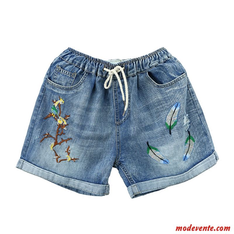 Shorts Femme Brodé Denim Baggy Art Décontractée Été Bleu Clair