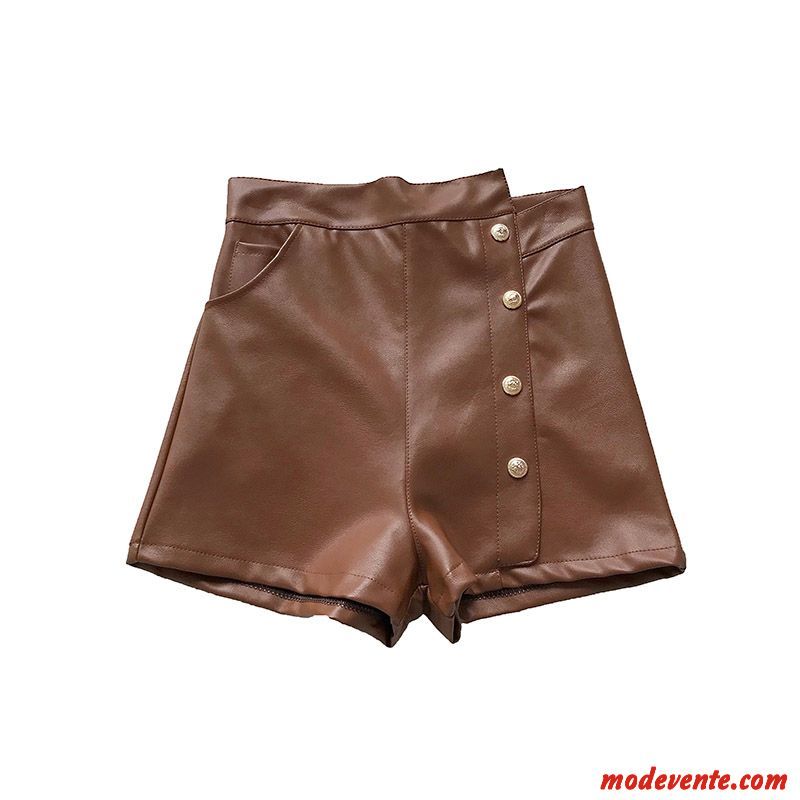 Shorts Femme Cuir Irrégulier Mode A Lettre Bouton À Une Rangée Haute Cintrée Brun Foncé