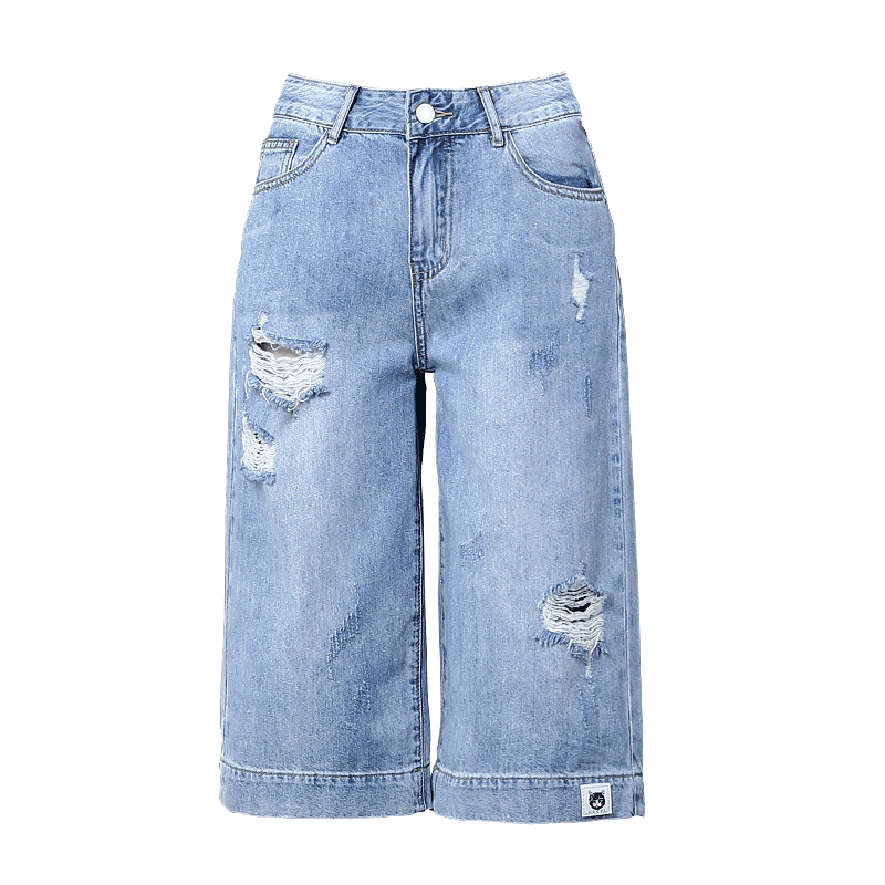 Shorts Femme Denim A Lettre Légère Troués Haute Cintrée Baggy Bleu