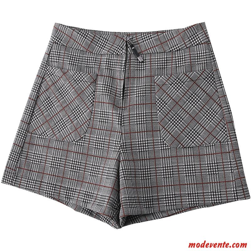 Shorts Femme Fermeture Éclair Poche Carreaux Mince Haute Cintrée Été Gris Clair