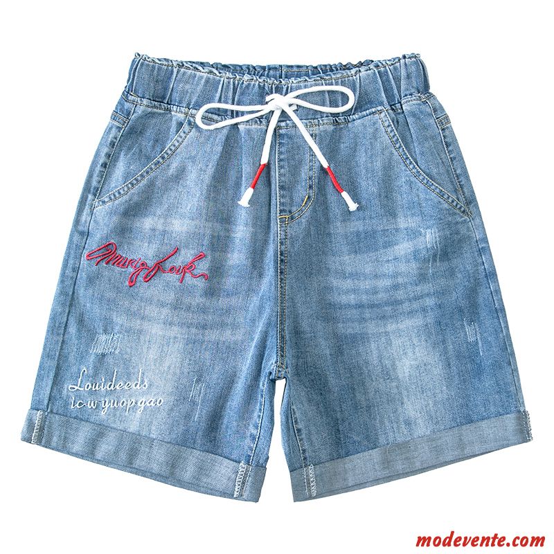 Shorts Femme Mode Baggy Denim Jambe Droite Élastique Mince Bleu