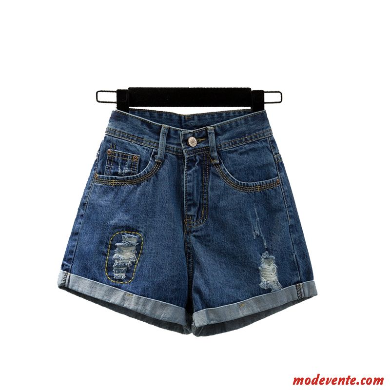 Shorts Femme Été Mode Denim Simple Effiloché Baggy Bleu Marin Rouge