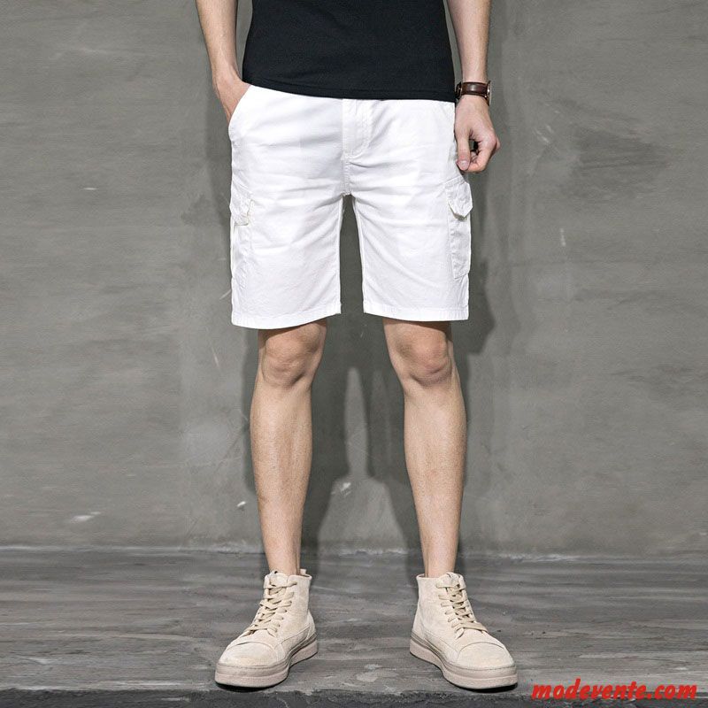 Shorts Homme Coton Bio Jambe Droite Été Pantalon Baggy Tendance Blanc