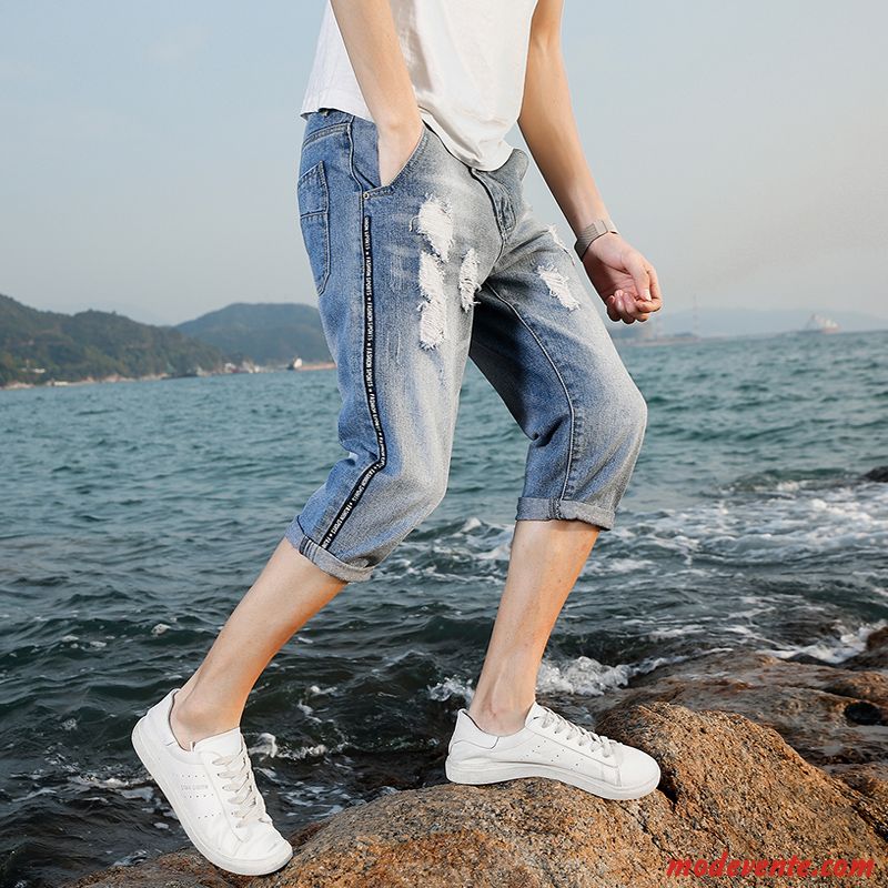 Shorts Homme Des Trous Dans Les Jeans Tendance Été Septième Pantalon Légère Slim Bleu Clair
