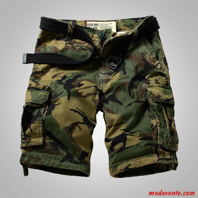 Shorts Homme Décontractée Baggy Jambe Droite Multi-poche Cinquième Pantalon Cargo Vert