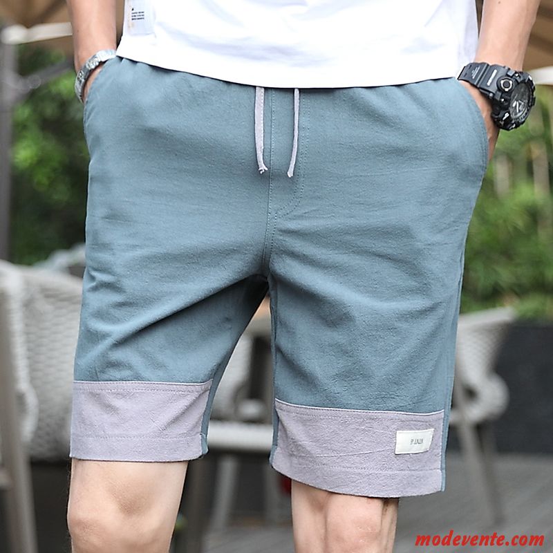 Shorts Homme Lin Respirant Été Plage Épissure Cinquième Pantalon Vert