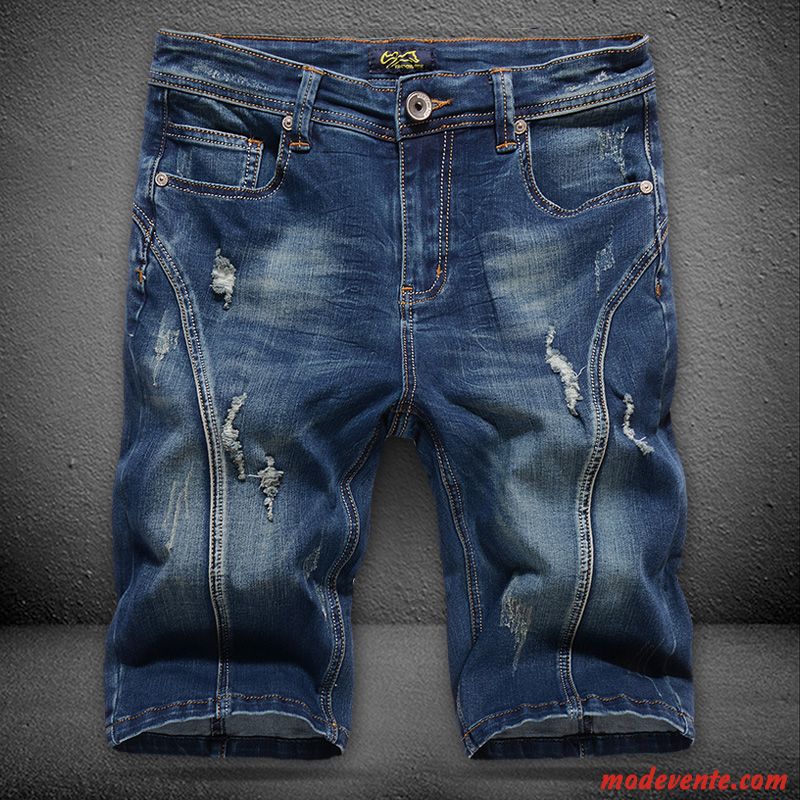 Shorts Homme Tendance Légère Des Trous Dans Les Jeans Baggy Cinquième Pantalon Été Bleu