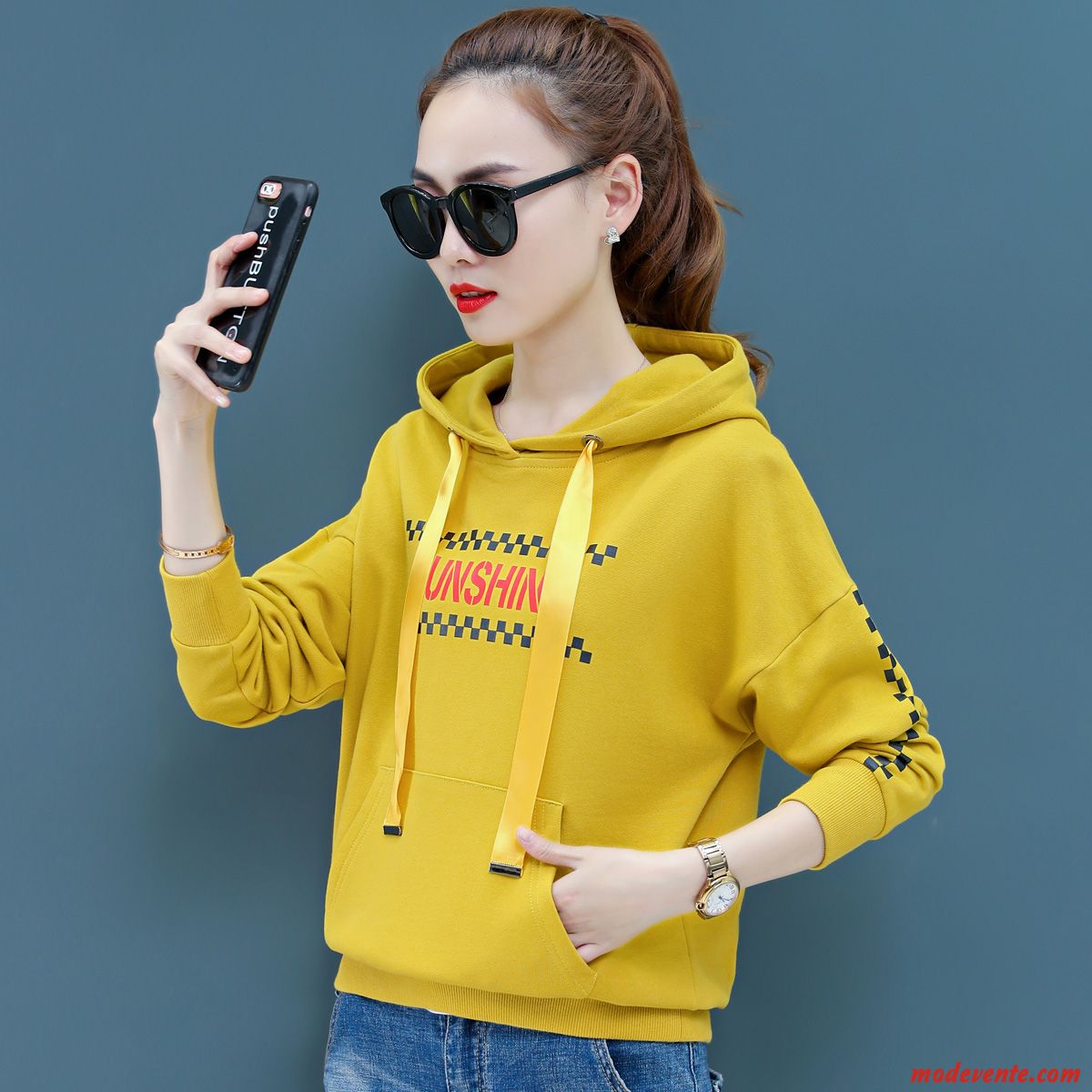 Sweat À Capuche Femme Mince Tendance Baggy Manteau Une Veste Pullovers Jaune