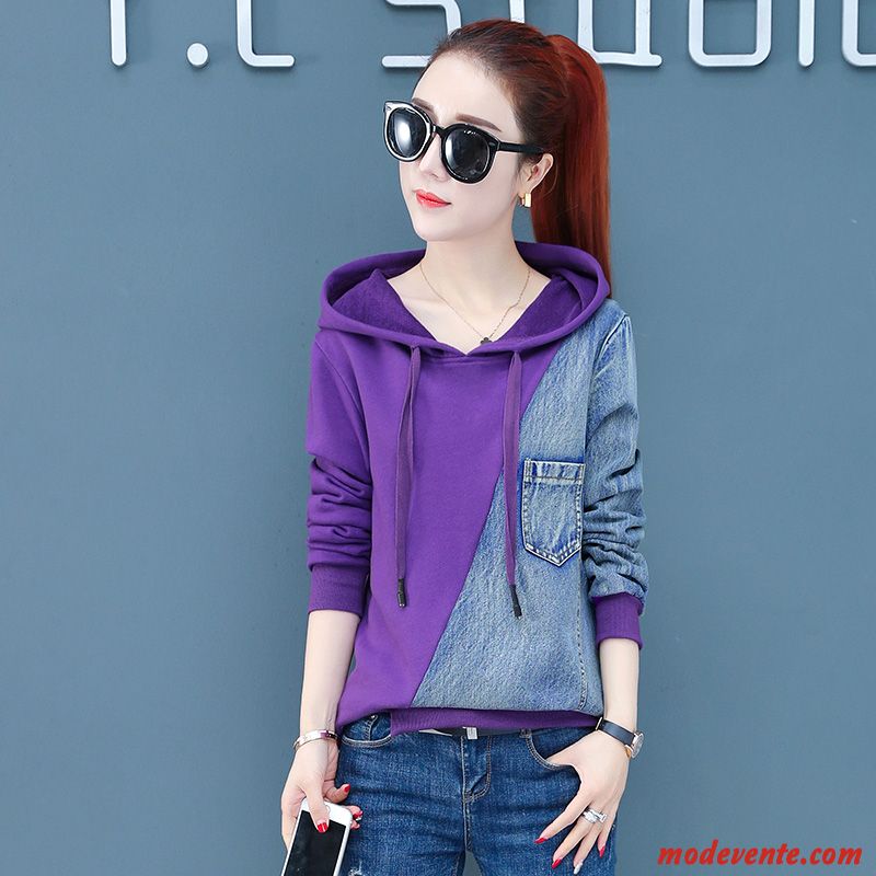 Sweat À Capuche Femme Tendance Pullovers Printemps Épissure Baggy Une Veste Violet