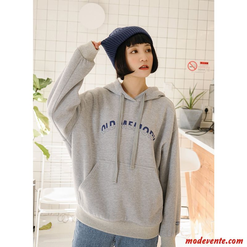 Sweat À Capuche Femme Épaissir Étudiant Hoodies Baggy Hiver Pullovers Impression Gris