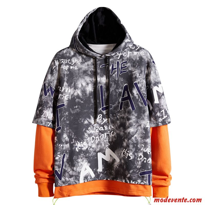 Sweat À Capuche Homme L'automne Deux-pièces Tendance Graffiti Encapuchonné Baggy Gris