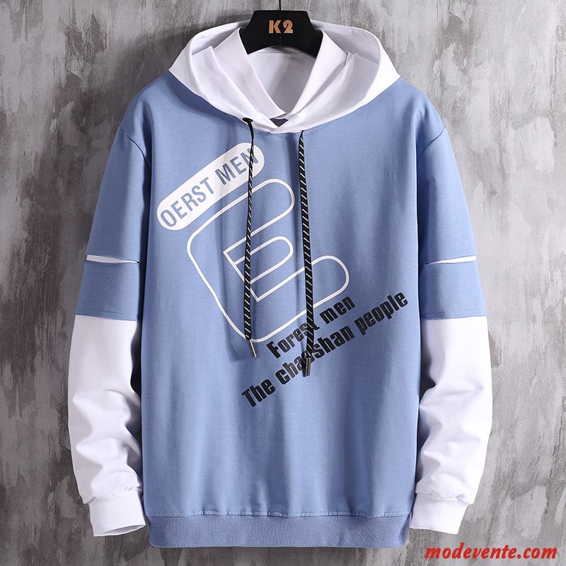 Sweat À Capuche Homme Mince Étudiant Manteau Personnalité Les Adolescents Gros Impression Bleu