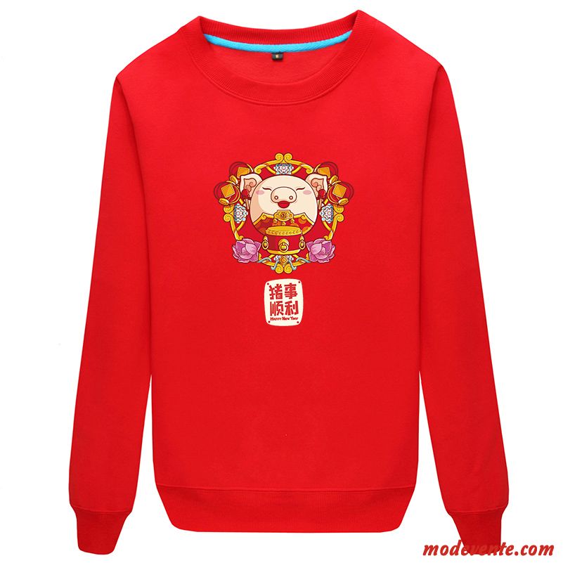 Sweat À Capuche Homme Plus De Velours Légère Col Rond Dessin Animé Femme L'automne Rouge