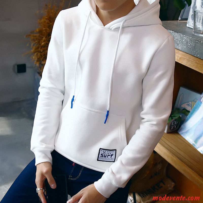 Sweat À Capuche Homme Plus De Velours Pullovers Longues L'automne Étudiant Col Rond Blanc