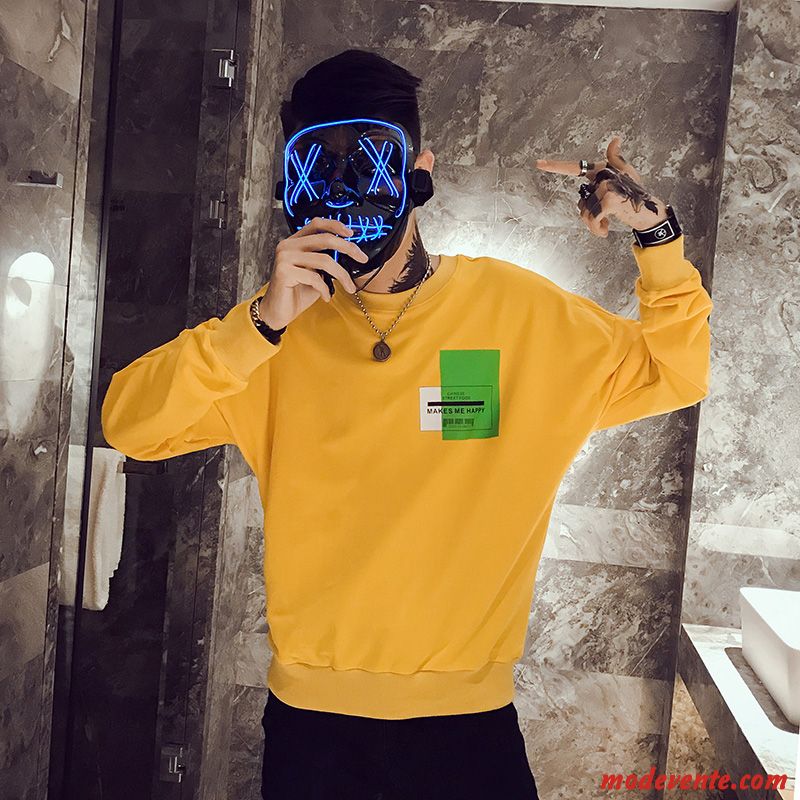 Sweat À Capuche Homme Printemps Hip Hop Pullovers Une Veste Baggy Col Rond Impression Jaune