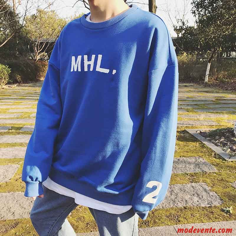 Sweat À Capuche Homme Printemps L'automne T-shirt Long Pullovers Étudiant Hip Hop Bleu