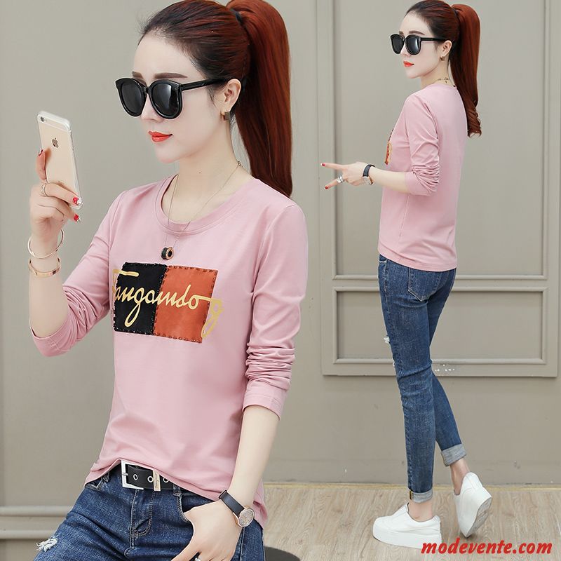 T-shirt Femme Chemise En Bas T-shirt Long Printemps Une Veste Dame Baggy Impression Rose