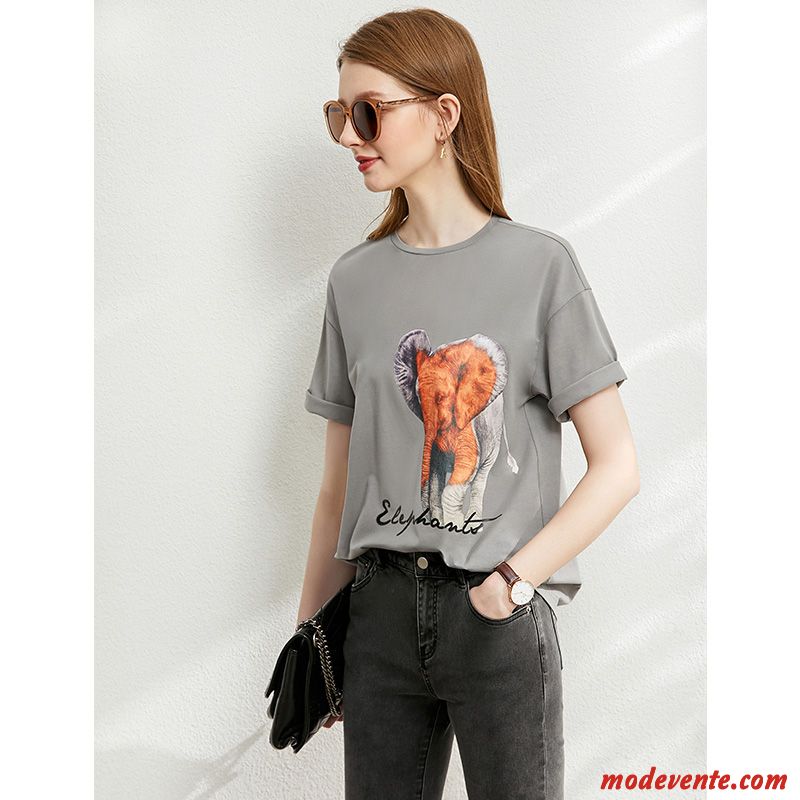 T-shirt Femme Courte Animal Une Veste Col Rond Été Baggy Impression Blanc Gris