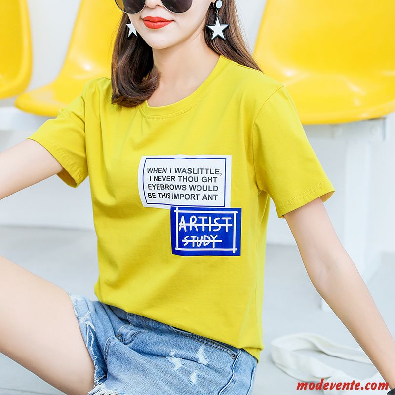 T-shirt Femme Courte Chemise En Bas Lettre Coton Bio Baggy Été Jaune