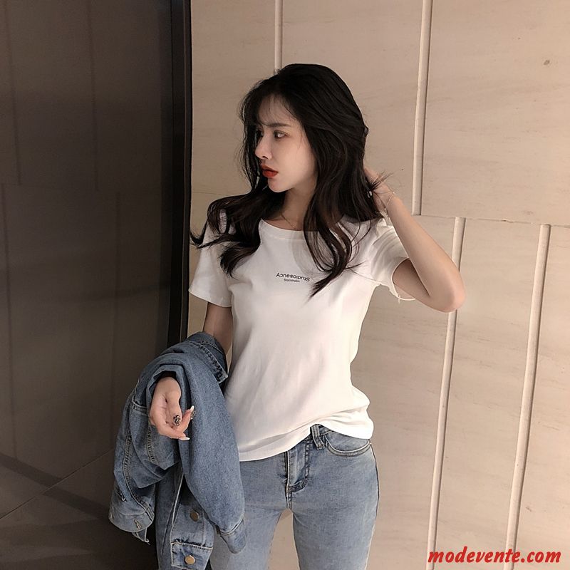 T-shirt Femme Courte Décontractée Slim Simple Mince Une Veste Impression Blanc