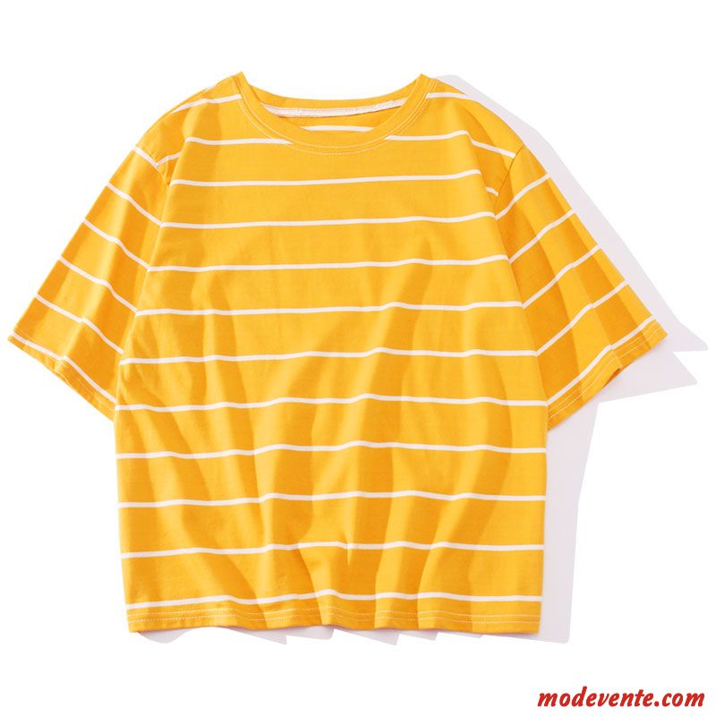 T-shirt Femme Manche Tendance Une Veste Étudiant Baggy Rayé Jaune