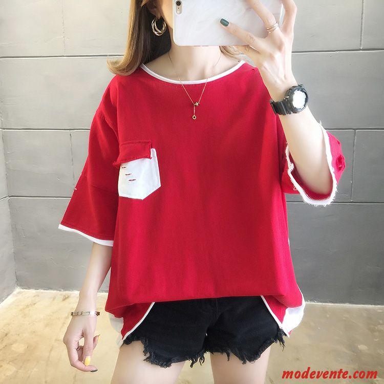 T-shirt Femme Troués Coton Bio Courte Grande Taille Irrégulier Été Rouge