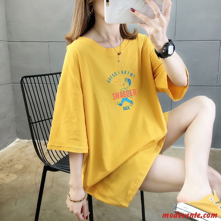 T-shirt Femme Été Courte Demi Manche Baggy Ultra Tendance Jaune