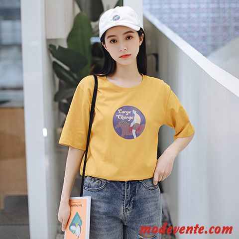 T-shirt Femme Été Tendance Courte Étudiant Une Veste Coton Bio Jaune