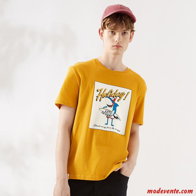 T-shirt Homme Col Rond Tendance Décontractée Courte Été Requin Impression Jaune